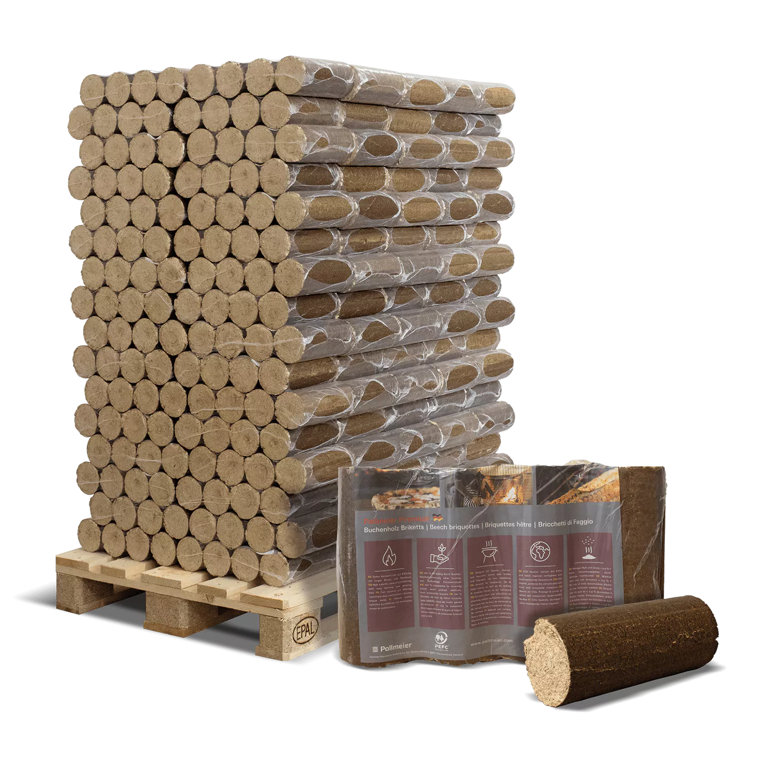 Pollmeier Buchen-Holzbriketts Nestro – rund ohne Loch (Palette 960 kg)